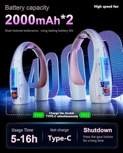 Heelkl AI Neck Fan, 4 tezlikda sozlanishi mumkin bo'lgan portativ shaxsiy fan qayta zaryadlanuvchi, 4000 mAh batareya tezroq sovutadigan taqiladigan fan, uy, ofis, sayohat, tashqi makon uchun ultra sokin - PInk - 5