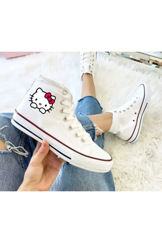 Hello Kitty Baskılı Beyaz Bilekli Spor Ayakkabı Çocuk Sneaker - BEYAZ HELLO - 1