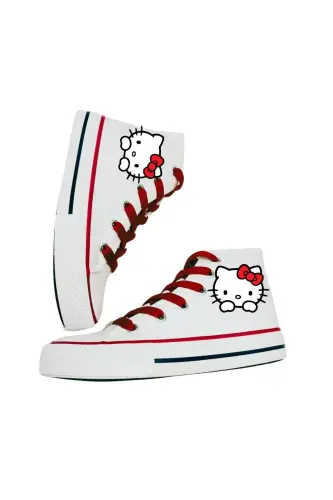 Hello Kitty Baskılı, Kırmızı Bağcıklı Beyaz Bilekli Spor Ayakkabı Çocuk Sneaker - BEYAZ KIRMIZI 
