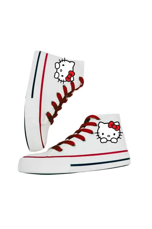 Hello Kitty Baskılı, Kırmızı Bağcıklı Beyaz Bilekli Spor Ayakkabı Çocuk Sneaker - BEYAZ KIRMIZI - 1