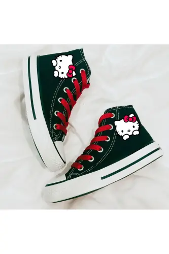 Hello Kitty Baskılı, Kırmızı Bağcıklı Siyah Bilekli Spor Ayakkabı Çocuk Sneaker-SİYAH KIRMIZI 