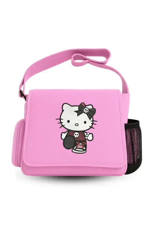 Hello Kitty Goth Baskılı Unisex Yeşil Postacı Çantası-Pembe - 1