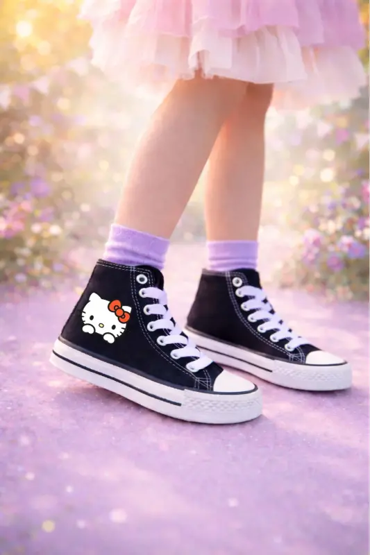 Hello Kitty Printed Black Ankle Sports Shoes Kids Sneaker-BLACK HELLO - 2