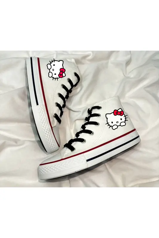 Hello Kitty Printed, Black Laced, White Ankled Sports Shoe Kids Sneaker-White - LEVENT ÖZCAN