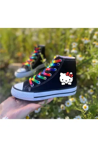 Hello Kitty Printed, Rainbow Laced, Black Ankle Athletic Shoe Kids Sneaker-Black Hello - 1