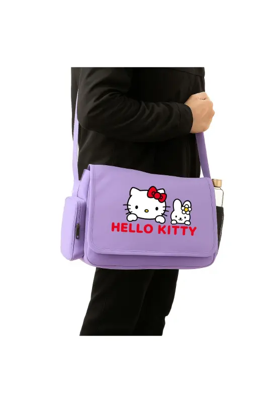 Hello Kitty Printed Unisex Black Messenger Bag-Lilac - 1