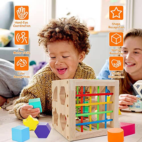 HELLOWOOD Montessori Toys for 1+ Year Old, Wooden Sorter Cube with 8pcs Rattling Shapes, Developmental Learning Toy Gifts for Baby Toddler Boys Girls, Gift Packaging - 23