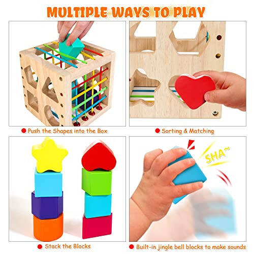 HELLOWOOD Montessori Toys for 1+ Year Old, Wooden Sorter Cube with 8pcs Rattling Shapes, Developmental Learning Toy Gifts for Baby Toddler Boys Girls, Gift Packaging - 9