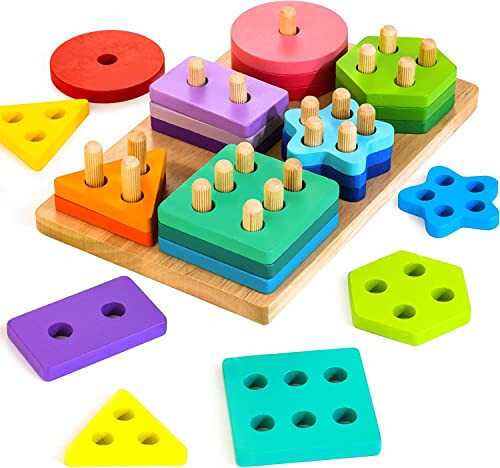 HELLOWOOD Wooden Sorting & Stacking Toys, Montessori Toys for 1 2 3 Years Old Toddlers, Shape Sorter Puzzles with 24-Piece Large Geometric Blocks & 12 Word Cards, Gift for 12+ Months Baby Boys Girls - 25