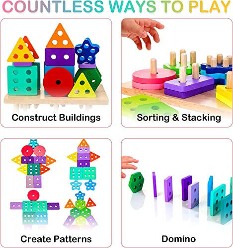 HELLOWOOD Wooden Sorting & Stacking Toys, Montessori Toys for 1 2 3 Years Old Toddlers, Shape Sorter Puzzles with 24-Piece Large Geometric Blocks & 12 Word Cards, Gift for 12+ Months Baby Boys Girls - 4
