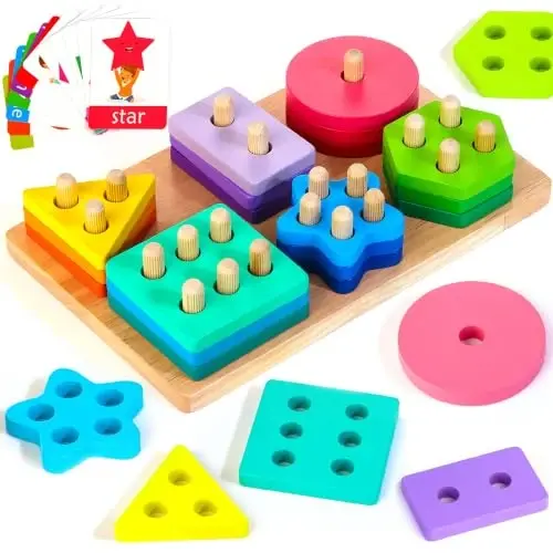 HELLOWOOD Wooden Sorting & Stacking Toys, Montessori Toys for 1 2 3 Years Old Toddlers, Shape Sorter Puzzles with 24-Piece Large Geometric Blocks & 12 Word Cards, Gift for 12+ Months Baby Boys Girls - 1