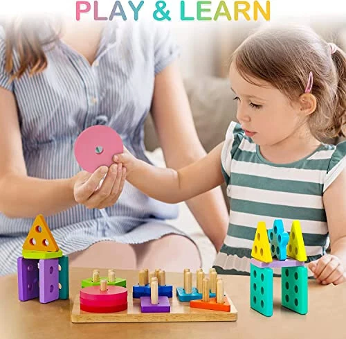 HELLOWOOD Wooden Sorting & Stacking Toys, Montessori Toys for 1 2 3 Years Old Toddlers, Shape Sorter Puzzles with 24-Piece Large Geometric Blocks & 12 Word Cards, Gift for 12+ Months Baby Boys Girls - 12