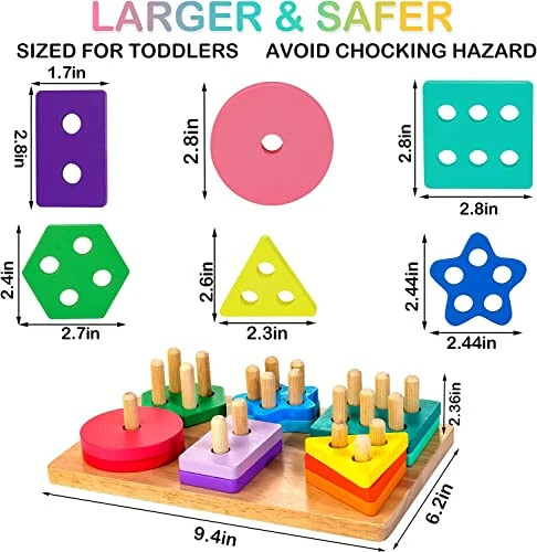 HELLOWOOD Wooden Sorting & Stacking Toys, Montessori Toys for 1 2 3 Years Old Toddlers, Shape Sorter Puzzles with 24-Piece Large Geometric Blocks & 12 Word Cards, Gift for 12+ Months Baby Boys Girls - HELLOWOOD (1)