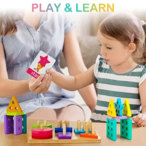 HELLOWOOD Wooden Sorting & Stacking Toys, Montessori Toys for 1 2 3 Years Old Toddlers, Shape Sorter Puzzles with 24-Piece Large Geometric Blocks & 12 Word Cards, Gift for 12+ Months Baby Boys Girls - 4