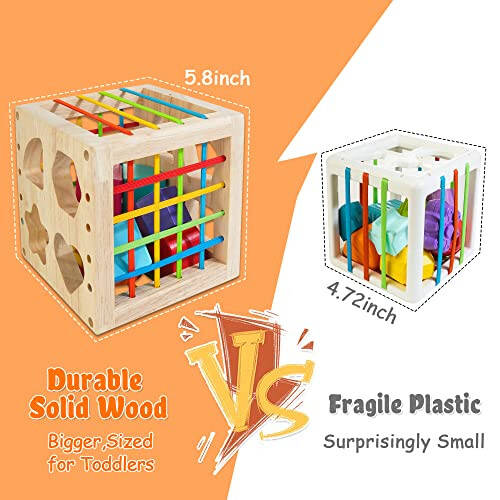 HELLOWOOD Montessori Toys for 1+ Year Old, Wooden Sorter Cube with 8pcs Rattling Shapes, Developmental Learning Toy Gifts for Baby Toddler Boys Girls, Gift Packaging - 26