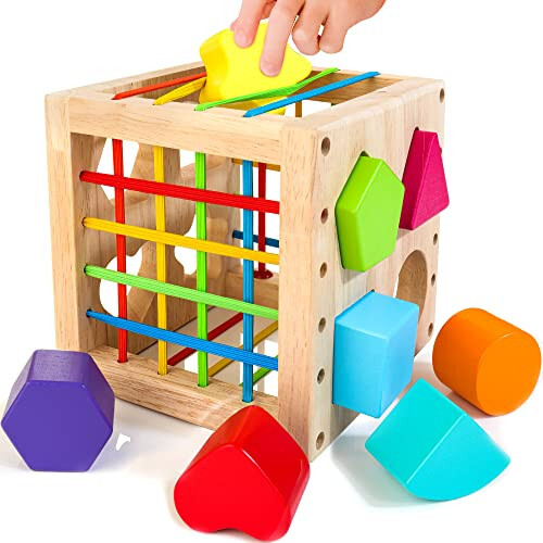 HELLOWOOD Montessori Toys for 1+ Year Old, Wooden Sorter Cube with 8pcs Rattling Shapes, Developmental Learning Toy Gifts for Baby Toddler Boys Girls, Gift Packaging - 7