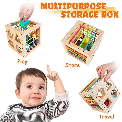 HELLOWOOD Montessori Toys for 1+ Year Old, Wooden Sorter Cube with 8pcs Rattling Shapes, Developmental Learning Toy Gifts for Baby Toddler Boys Girls, Gift Packaging - 34