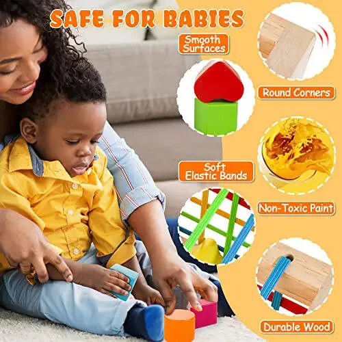 HELLOWOOD Montessori Toys for 1+ Year Old, Wooden Sorter Cube with 8pcs Rattling Shapes, Developmental Learning Toy Gifts for Baby Toddler Boys Girls, Gift Packaging - 24