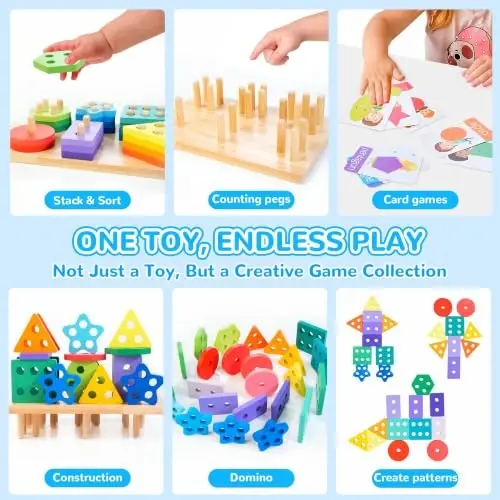 HELLOWOOD Wooden Sorting & Stacking Toys, Montessori Toys for 1 2 3 Years Old Toddlers, Shape Sorter Puzzles with 24-Piece Large Geometric Blocks & 12 Word Cards, Gift for 12+ Months Baby Boys Girls - 3