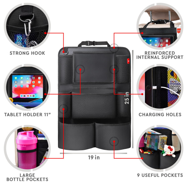 Helteko Backseat Car Organizer with 9 Storage Pockets, Polyester, 25 in x 19 in, 2 Pack, Deep Pink - 64