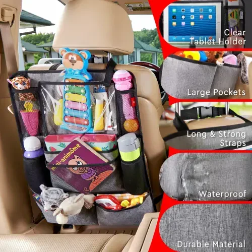 Helteko Backseat Car Organizer with 9 Storage Pockets, Polyester, 25 in x 19 in, 2 Pack, Gray - 2