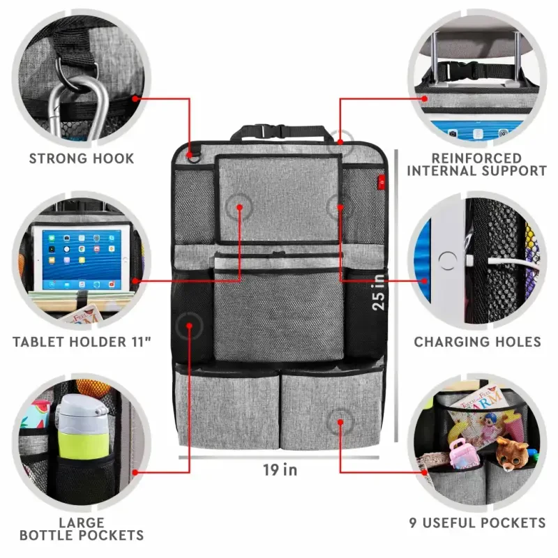 Helteko Backseat Car Organizer with 9 Storage Pockets, Polyester, 25 in x 19 in, 2 Pack, Gray - 5
