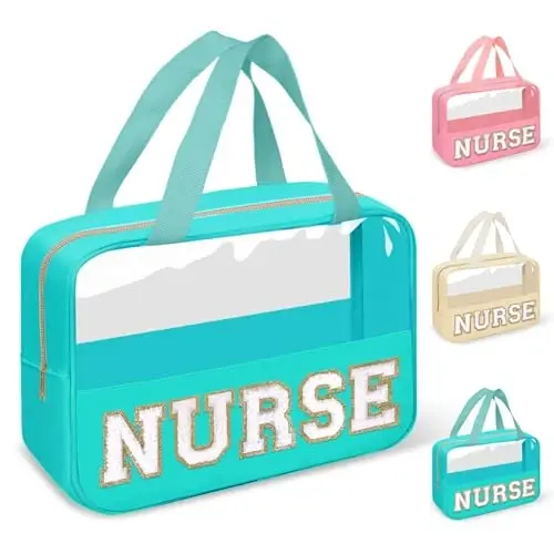 Nurses Week Gifts Chenille Letter NURSE Makeup Bag for Women,Preppy Nurse Cosmetic Pouch Zipper with Handle Nurse Essentials Bag for Work Supplies,Medical Assistant Bag Nursing Students(NURSE-Green) - 1