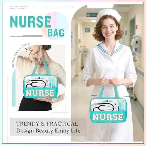 Nurses Week Gifts Chenille Letter NURSE Makeup Bag for Women,Preppy Nurse Cosmetic Pouch Zipper with Handle Nurse Essentials Bag for Work Supplies,Medical Assistant Bag Nursing Students(NURSE-Green) - 5