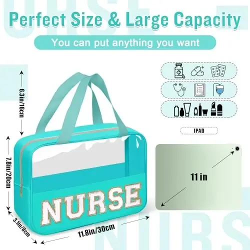 Nurses Week Gifts Chenille Letter NURSE Makeup Bag for Women,Preppy Nurse Cosmetic Pouch Zipper with Handle Nurse Essentials Bag for Work Supplies,Medical Assistant Bag Nursing Students(NURSE-Green) - 2