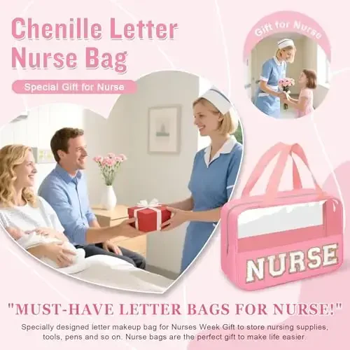 Nurses Week Gifts Chenille Letter Clear NURSE Makeup Bag for Women,Preppy Nurse Cosmetic Pouch Zipper with Handle Nurse Essentials Bag for Work Supplies,Travel Waterproof Toiletry Storage(NURSE-Pink) - 4