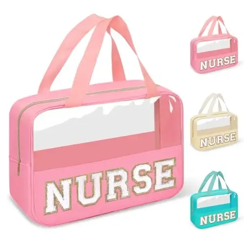 Nurses Week Gifts Chenille Letter Clear NURSE Makeup Bag for Women,Preppy Nurse Cosmetic Pouch Zipper with Handle Nurse Essentials Bag for Work Supplies,Travel Waterproof Toiletry Storage(NURSE-Pink) - 1