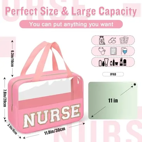 Nurses Week Gifts Chenille Letter Clear NURSE Makeup Bag for Women,Preppy Nurse Cosmetic Pouch Zipper with Handle Nurse Essentials Bag for Work Supplies,Travel Waterproof Toiletry Storage(NURSE-Pink) - 2