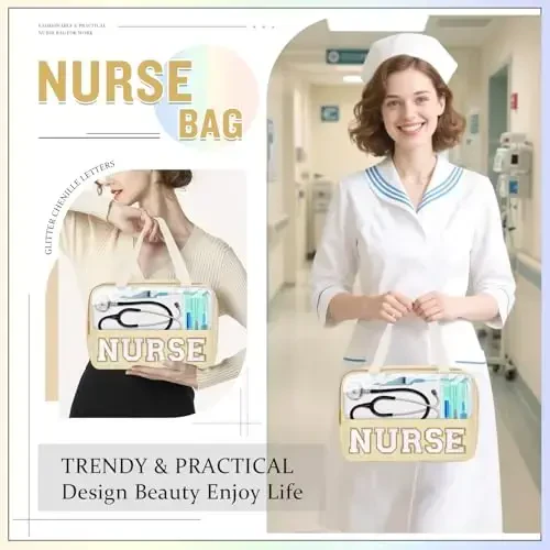 Nurses Week Gifts Chenille Letter Clear NURSE Makeup Bag for Women,Preppy Nurse Cosmetic Pouch Zipper with Handle Nurse Essentials Bag for Work Supplies,Labor and Delivery Nurse Gifts(NURSE-Beige) - 5