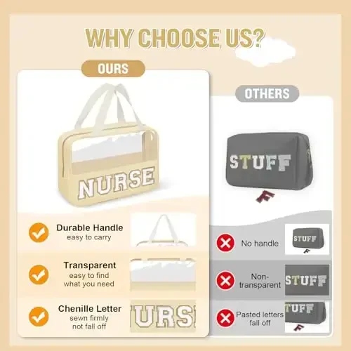 Nurses Week Gifts Chenille Letter Clear NURSE Makeup Bag for Women,Preppy Nurse Cosmetic Pouch Zipper with Handle Nurse Essentials Bag for Work Supplies,Labor and Delivery Nurse Gifts(NURSE-Beige) - 6