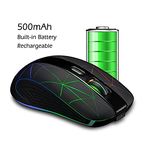 Hengway Rechargeable Wireless Mouse 6 Keys, cyclic Illuminating Powered by Li-Polymer Battery, Optical Sensor, Nano USB Receiver, 3-Stage DPI speeds for PC, Laptop, Tablet, MacBook etc(Firework Light) - 4