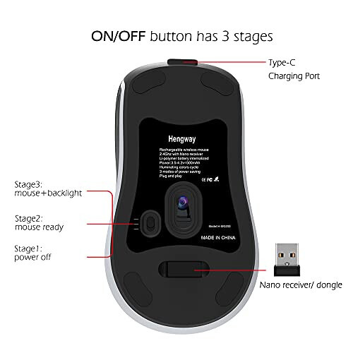 Hengway Rechargeable Wireless Mouse 6 Keys, cyclic Illuminating Powered by Li-Polymer Battery, Optical Sensor, Nano USB Receiver, 3-Stage DPI speeds for PC, Laptop, Tablet, MacBook etc(Firework Light) - 7