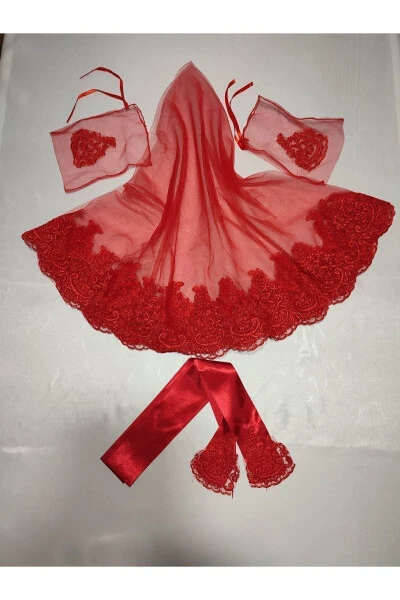 Henna Kechalari Uchun Qizil Dantelli Kelin Hına Duvoq, Kamar Va Qo'lqop To'plami - 25