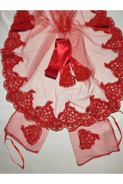 Henna Kechalari Uchun Qizil Dantelli Kelin Hına Duvoq, Kamar Va Qo'lqop To'plami - 21