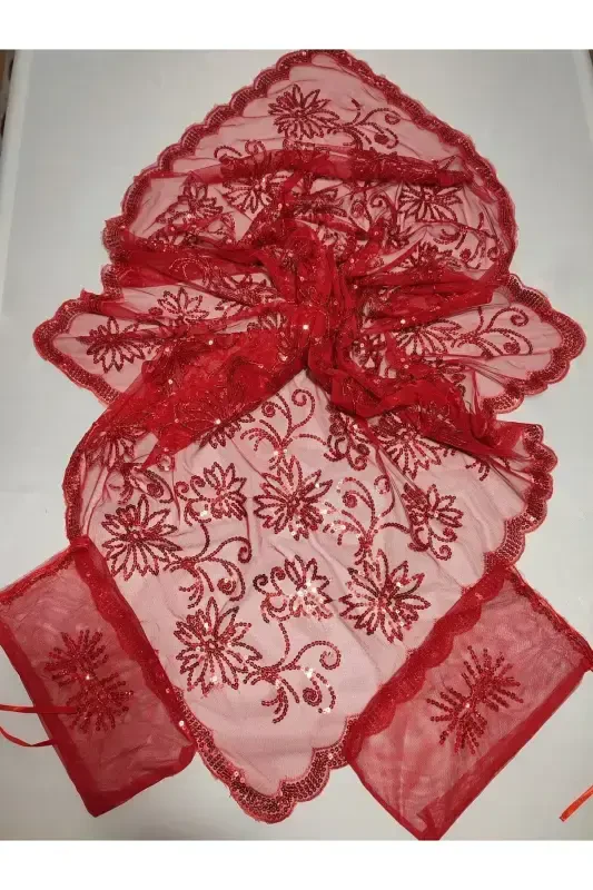 Henna Nights Sequin Bride and Tughra Groom Henna Cover and Henna Cover with Glove Special Veil Set-Emerald - 2