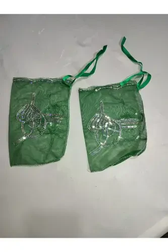 Henna Nights Sequin Bride and Tughra Groom Henna Cover and Henna Cover with Glove Special Veil Set-Emerald - 6