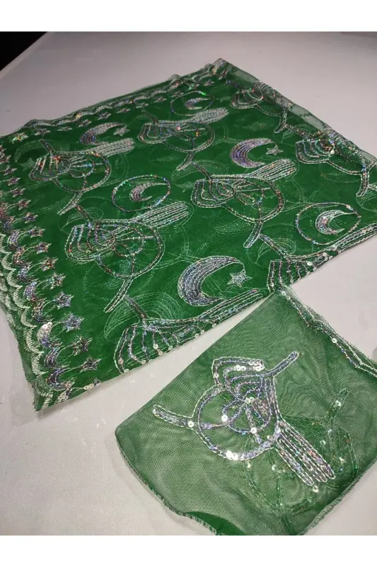 Henna Nights Sequin Bride and Tughra Groom Henna Cover and Henna Cover with Glove Special Veil Set-Emerald - 5