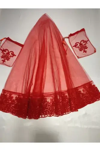 Henna Special Veil Set with Red Glitter Bride and Tughra Groom Henna Cover Glove and Belt-Pine - SIRMALIHOME (1)