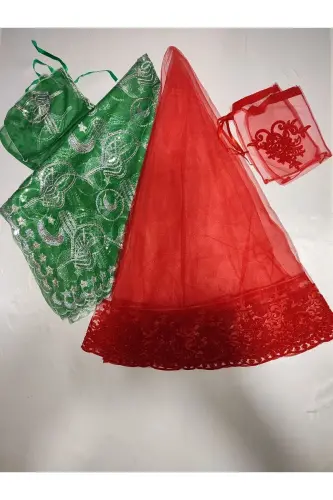 Henna Special Veil Set with Red Glitter Bride and Tughra Groom Henna Cover Glove and Belt-Pine - 1