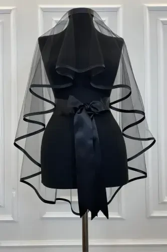 Henna Veil Set Black Trim Veil Belt Glove Full Set Henna Night Wedding Engagement-BLACK TRIM - 1