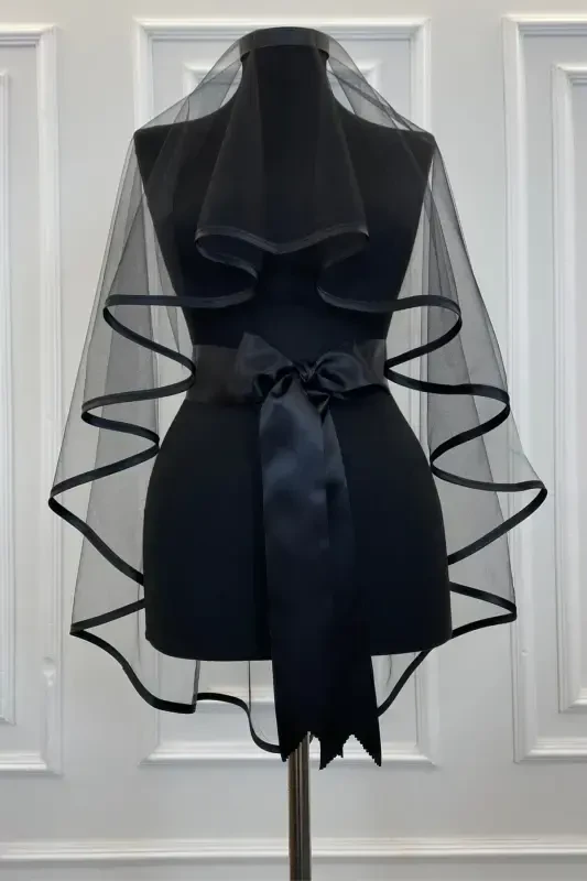 Henna Veil Set Black Trim Veil Belt Glove Full Set Henna Night Wedding Engagement-BLACK TRIM - ZEYMERADE