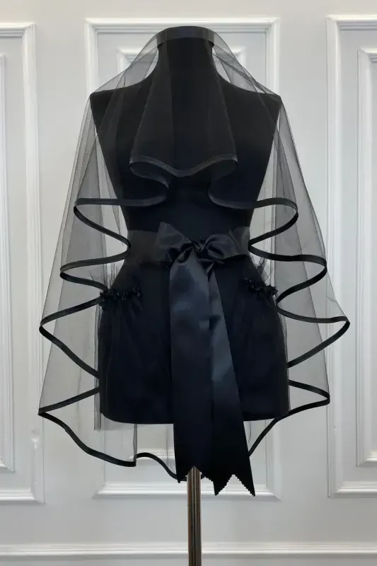 Henna Veil Set Black Trim Veil Belt Glove Full Set Henna Night Wedding Engagement-BLACK TRIM - 4