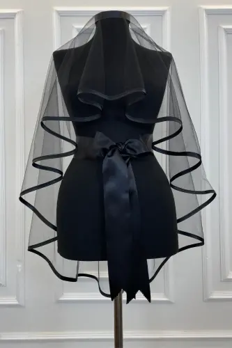 Henna Veil Set Black Trim Veil Belt Glove Full Set Henna Night Wedding Engagement-BLACK TRIM 