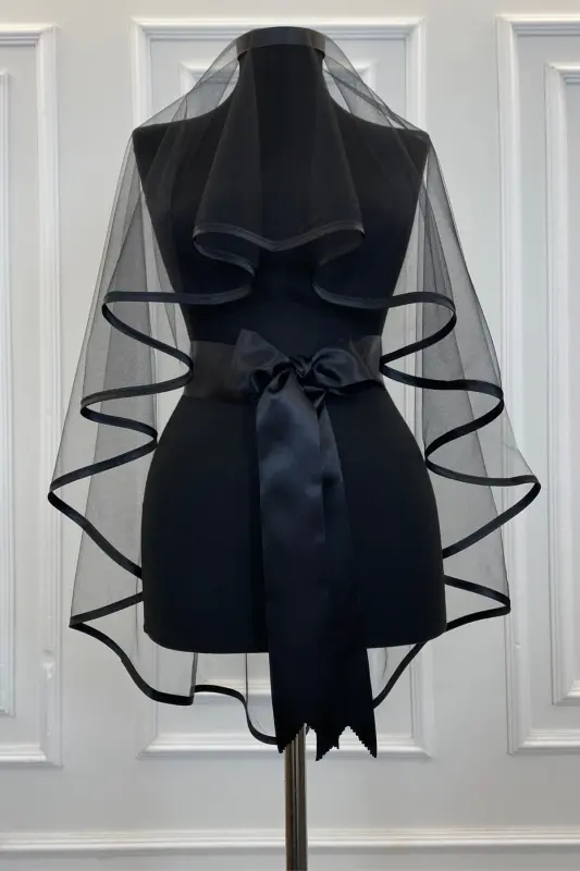 Henna Veil Set Black Trim Veil Belt Glove Full Set Henna Night Wedding Engagement-BLACK TRIM - 1