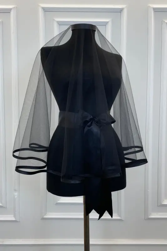Henna Veil Set Black Trim Veil Belt Glove Full Set Henna Night Wedding Engagement-BLACK TRIM - 2