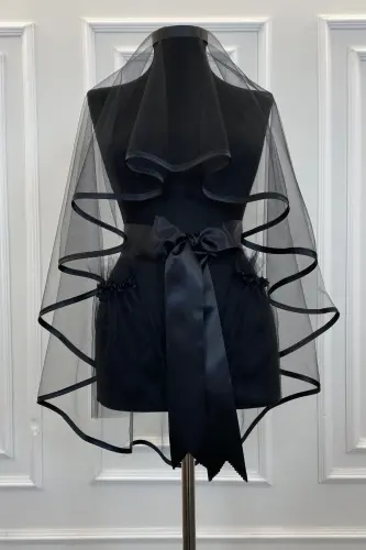 Henna Veil Set Black Trim Veil Belt Glove Full Set Henna Night Wedding Engagement-BLACK TRIM - 4